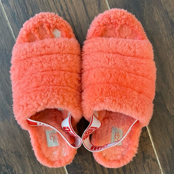 Ugg Fluff Yeah Slides Slippers Sheepskin melon pink orange red sz 10 - Picture 1 of 11